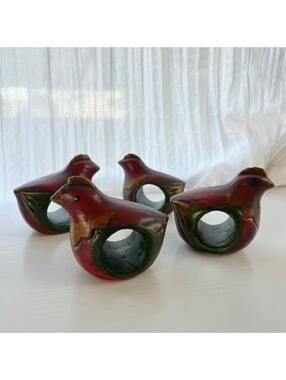Pier 1 Imports Hand Painted Wood Bird Napkin Rings Set of 4 Red Cardinal Figural